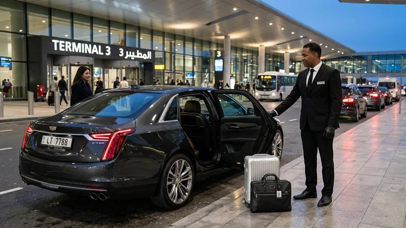 ALR executive chauffeur with Cadillac sedan at airport terminal