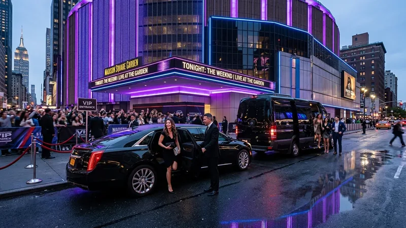 VIP limousine arrival outside concert arena