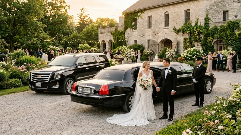Luxury wedding limousine and Cadillac SUV with bride and groom